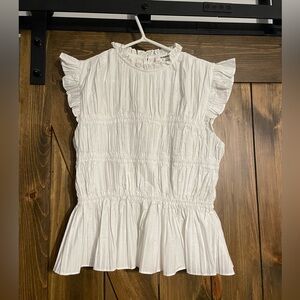 White cotton sleeveless peplum top with pleats, size M